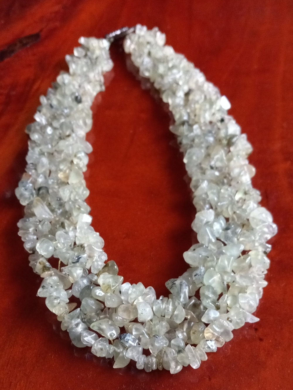 Vintage Natural Pale Green Gemstone Chip Multi Strand Statement Necklace